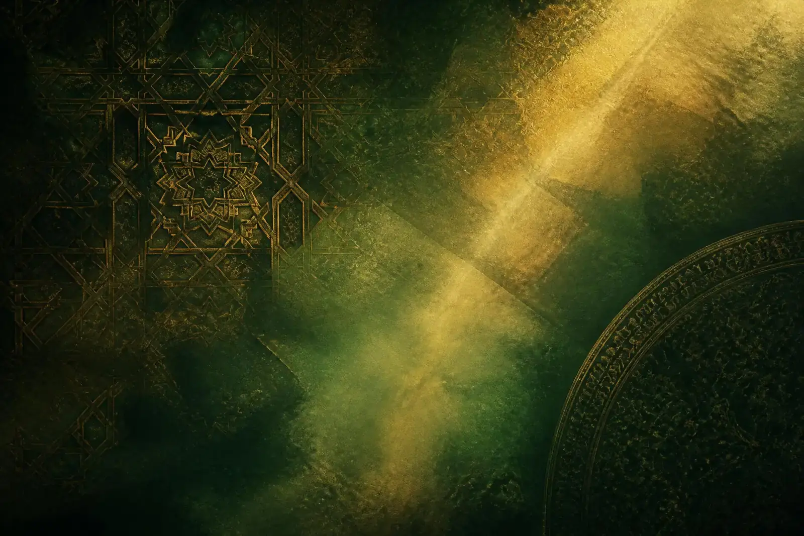 Abstract composition of warm light over carved Islamic geometry